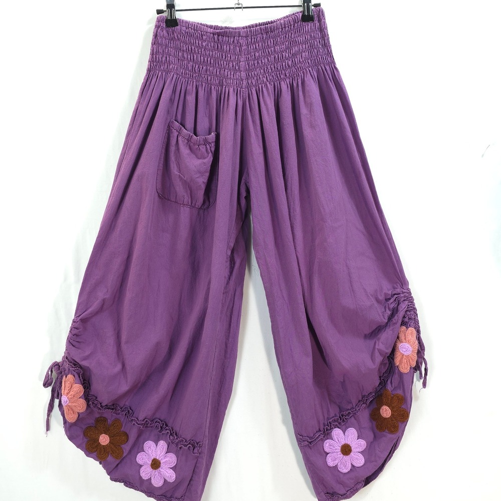 Gypsy Rose Harem Pants Women M Purple Crochet Flower Boho Festival Artisan Indie